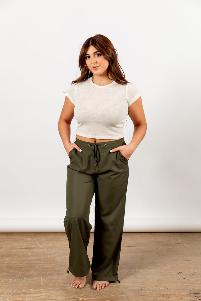 green cargo pants straight leg drawstring front 2023