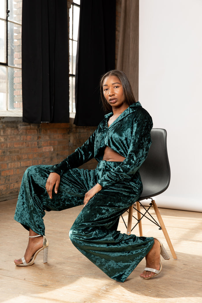 Palazzo velvet pants low rise wide leg green 2023