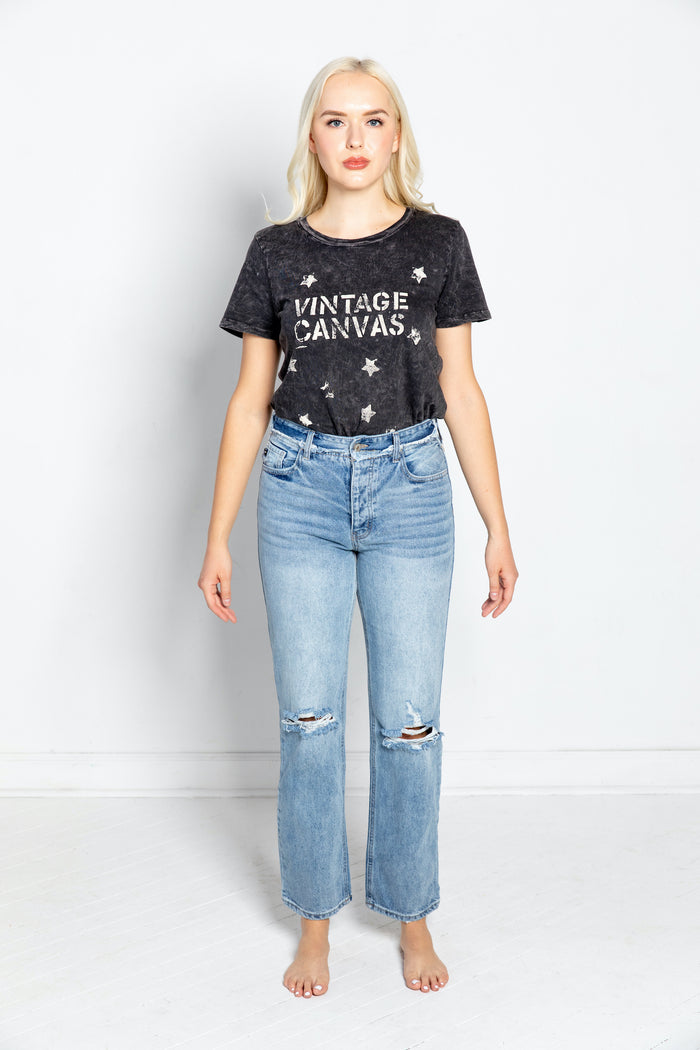 distressed 90s straight leg denim jean ripped knees front