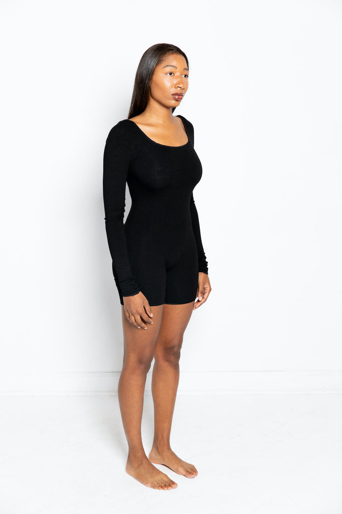 black short romper long sleeves curved neck line front