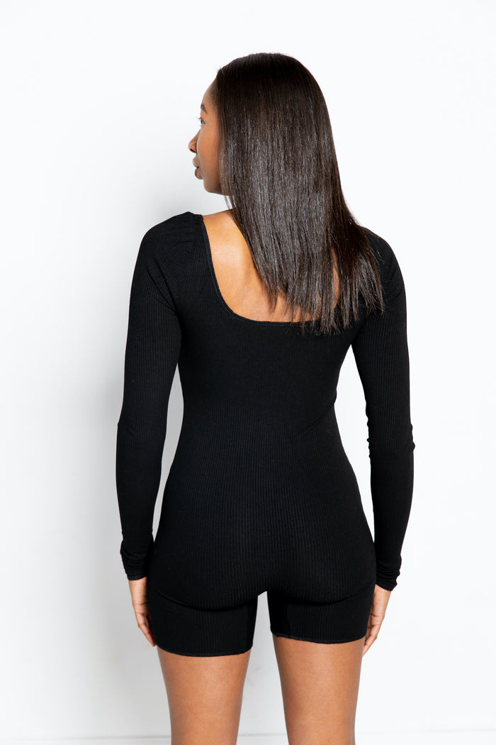 black short romper long sleeves curved neck line back