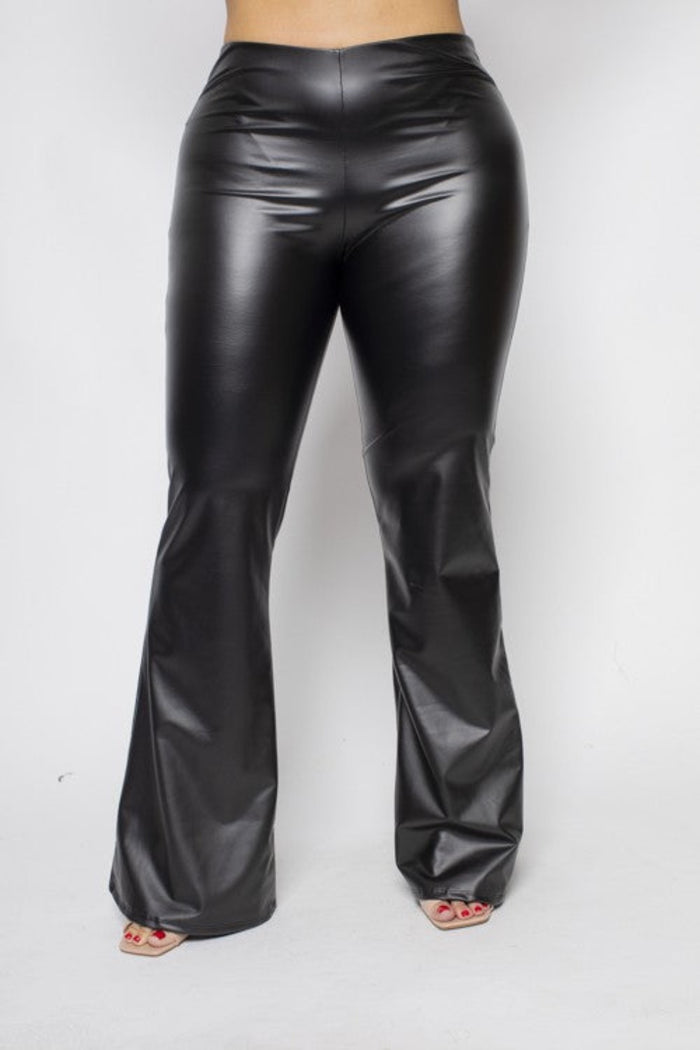 vegan leather flared plus size pants front black