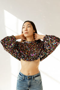 Cropped sequin top cocktail festival multi 2023 long sleeve  front