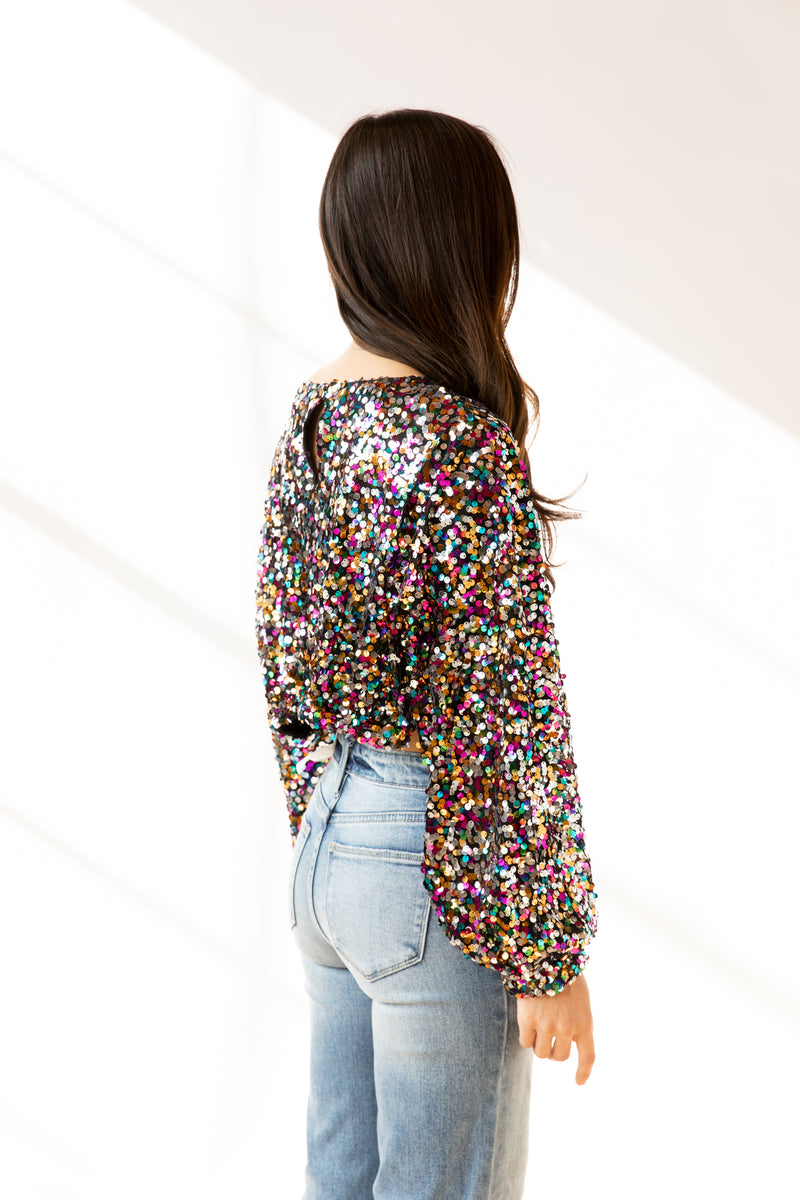 Cropped sequin top cocktail festival multi 2023 long sleeve back