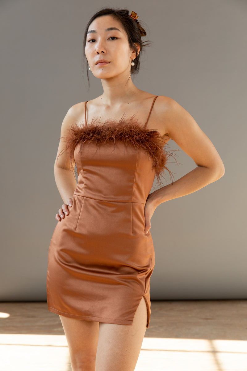 faux feather trim mini dress cocktail brown 2023  front 