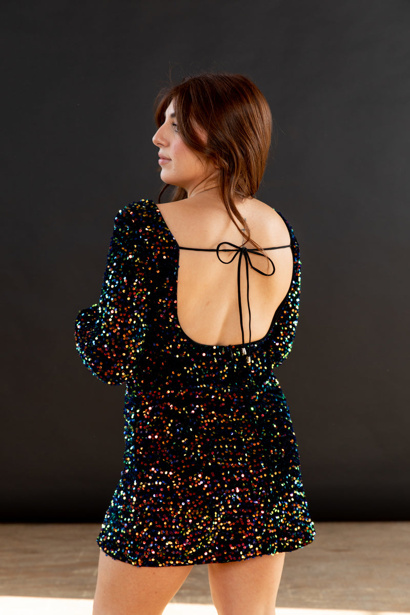 cocktail sequin multi mini dress open back 2023 wedding season back