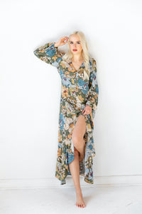 button up floral summer maxi dress swing green front