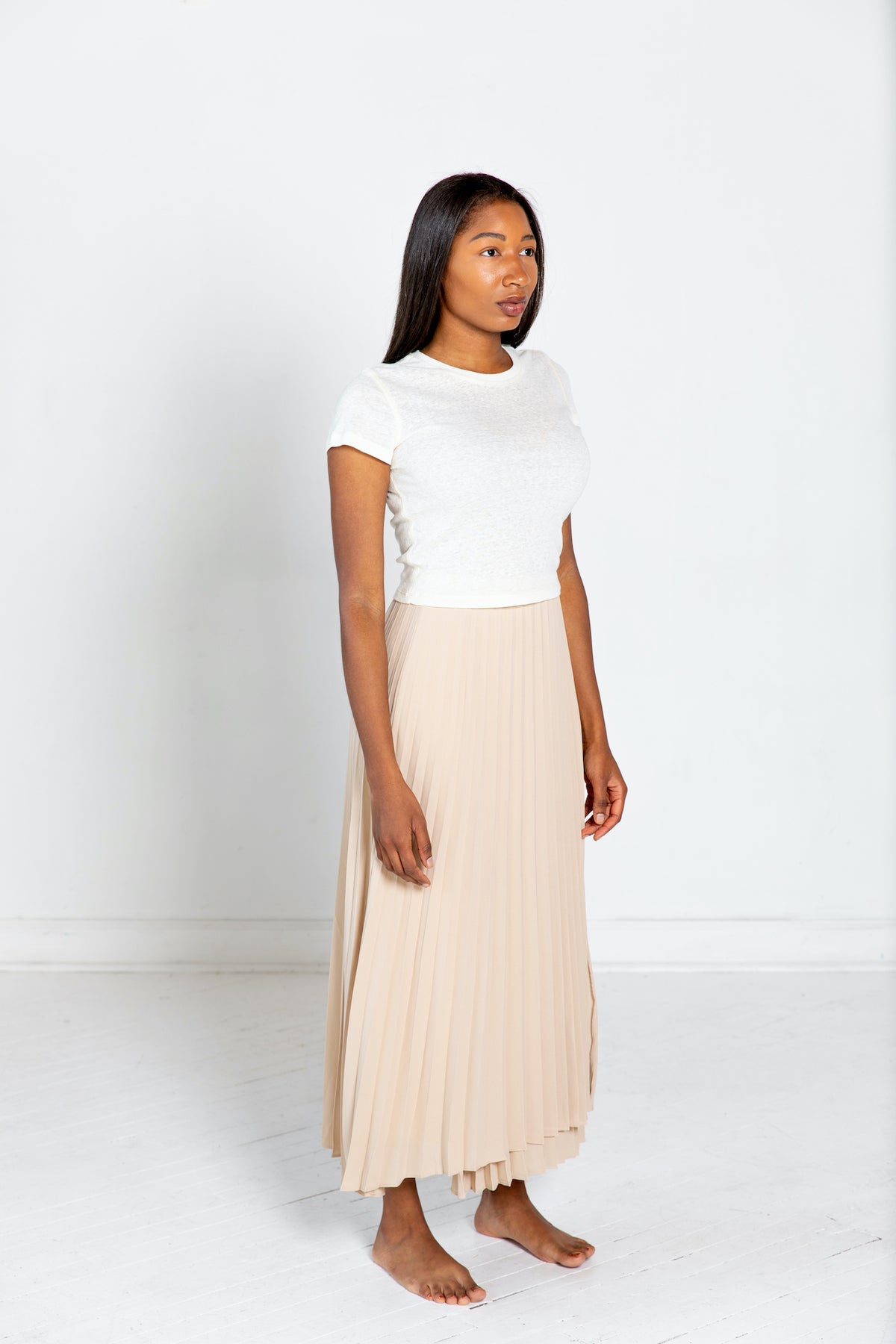 nude pleated maxi skirt side slit front  