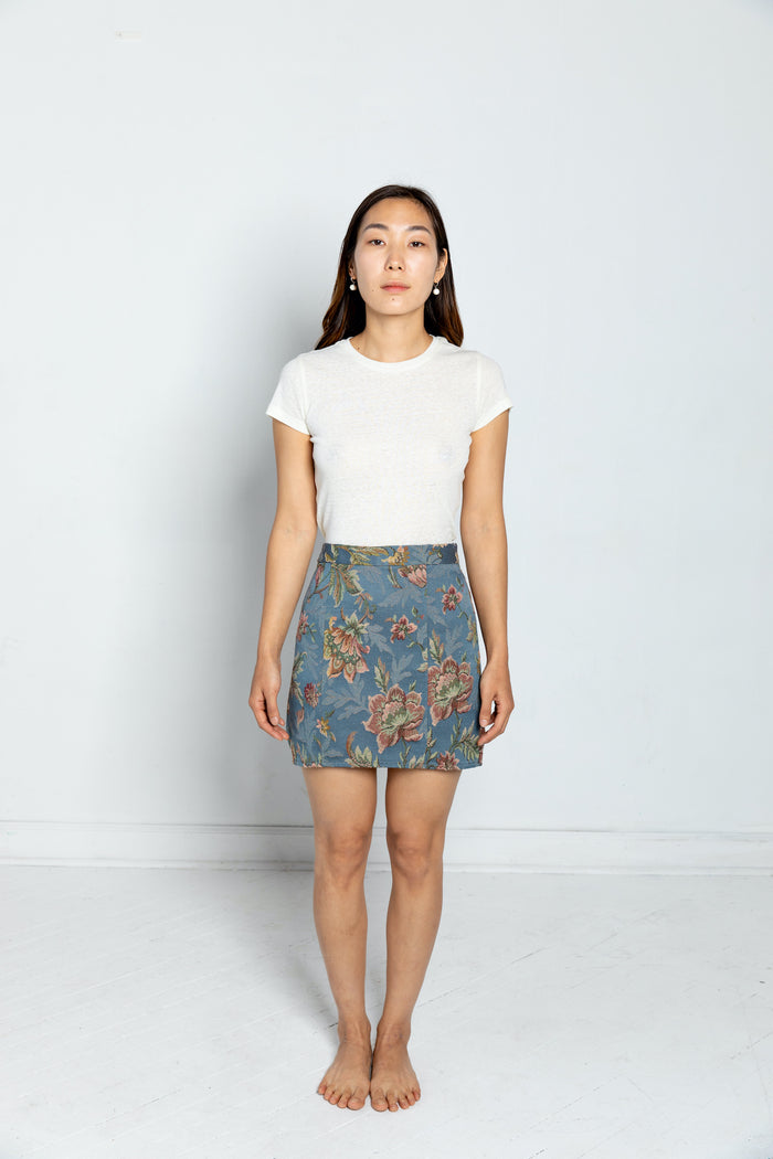 tapestry floral mini skirt zip up blue front