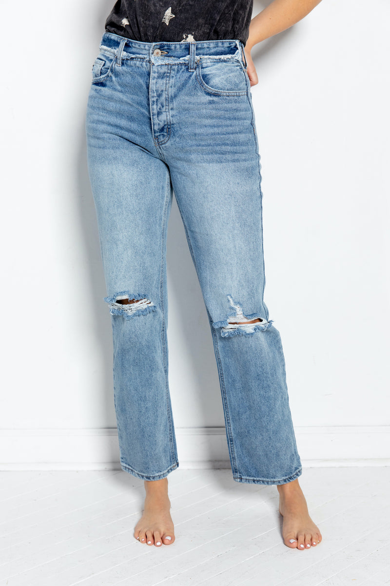 distressed 90s straight leg denim jean ripped knees front
