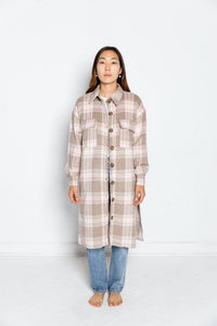 long shacket plaid pink blush button down front 