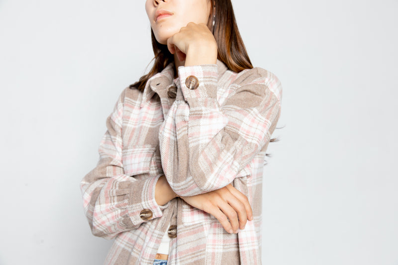 long shacket plaid pink blush button down front 