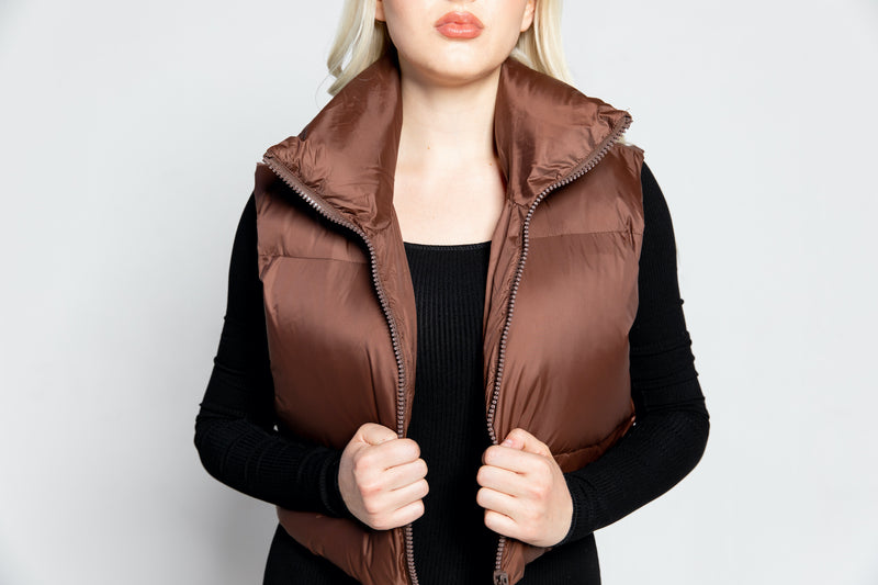 cropped puffer vest brown zip up with draw  string and wide collar front