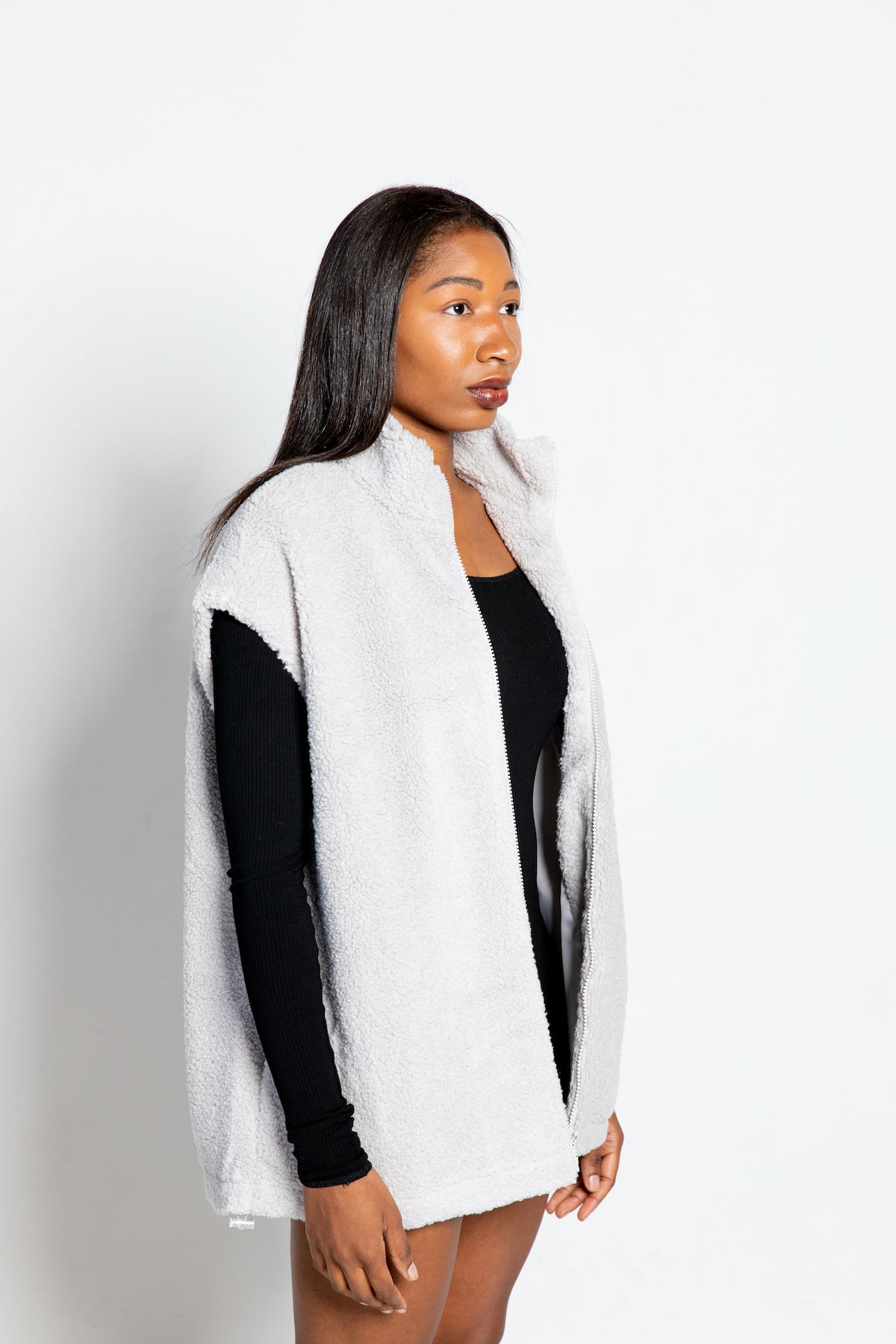 sherpa oversized vest zip up draw string front