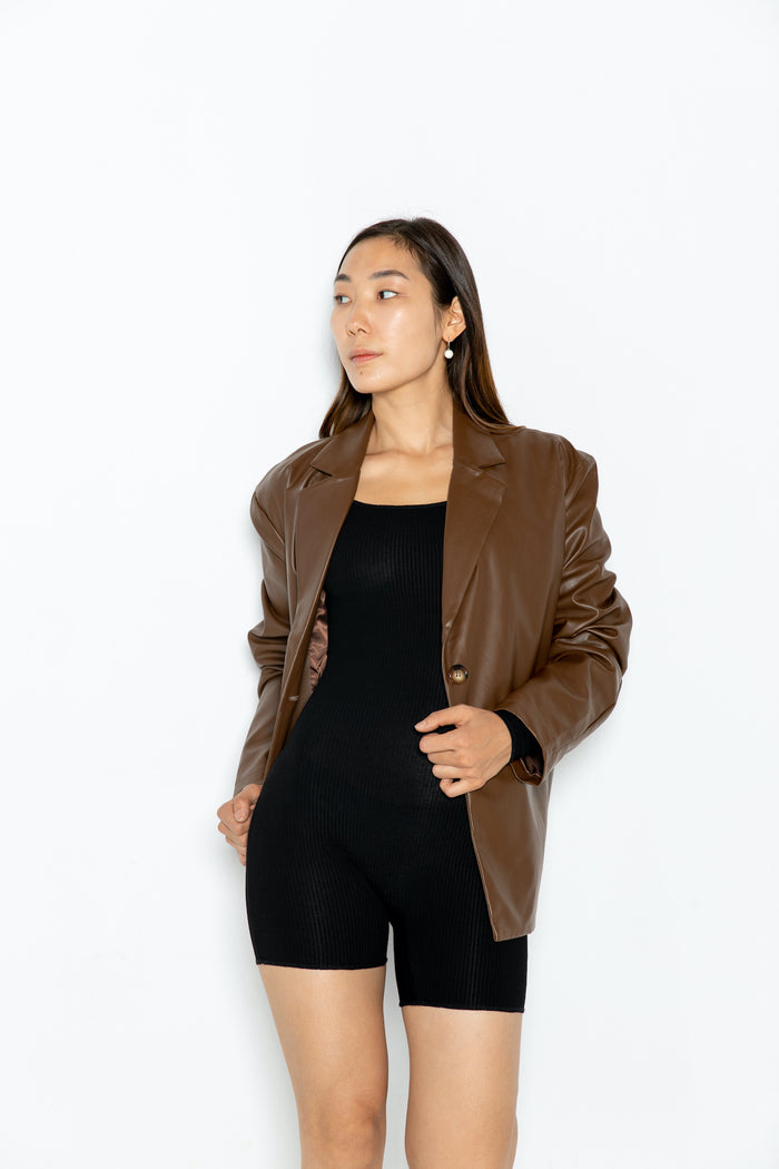 brown vegan leather oversized blazer front