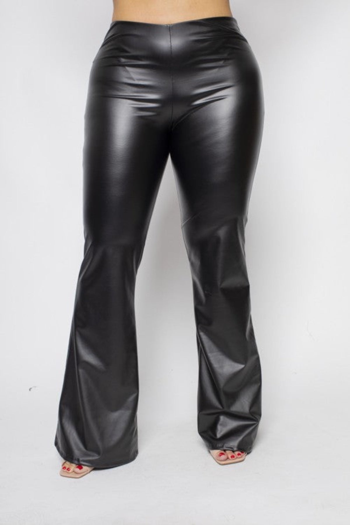 vegan leather flared plus size pants front black 